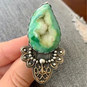 Green Agate Druzy Geode Ring